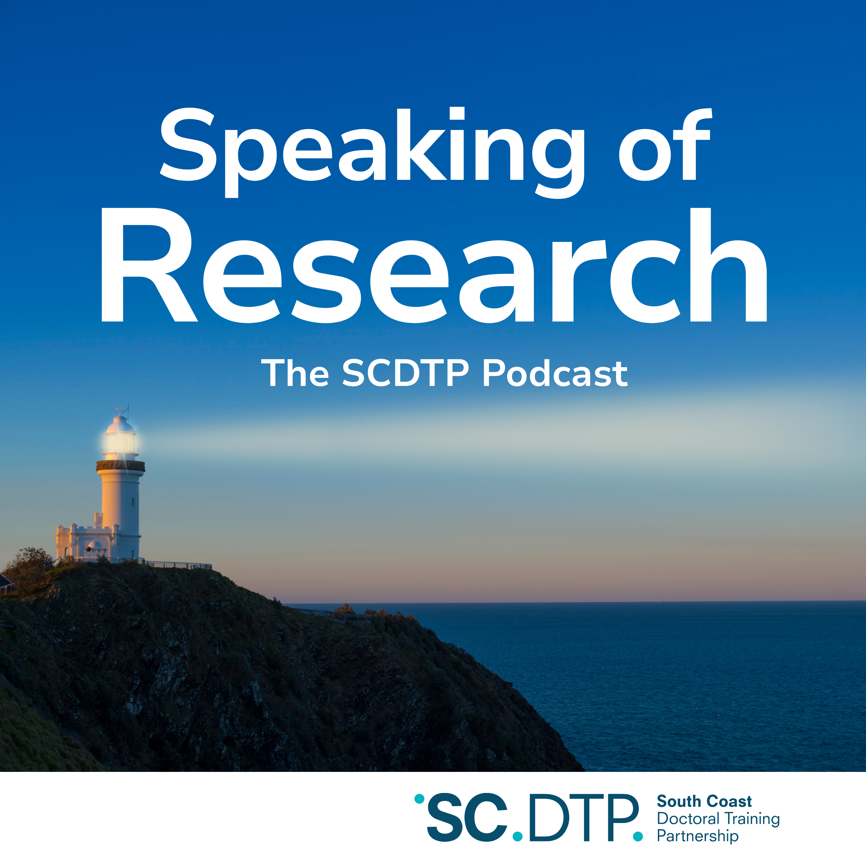Speaking of Research podcast artwork with a lighthouse shining light across a habour