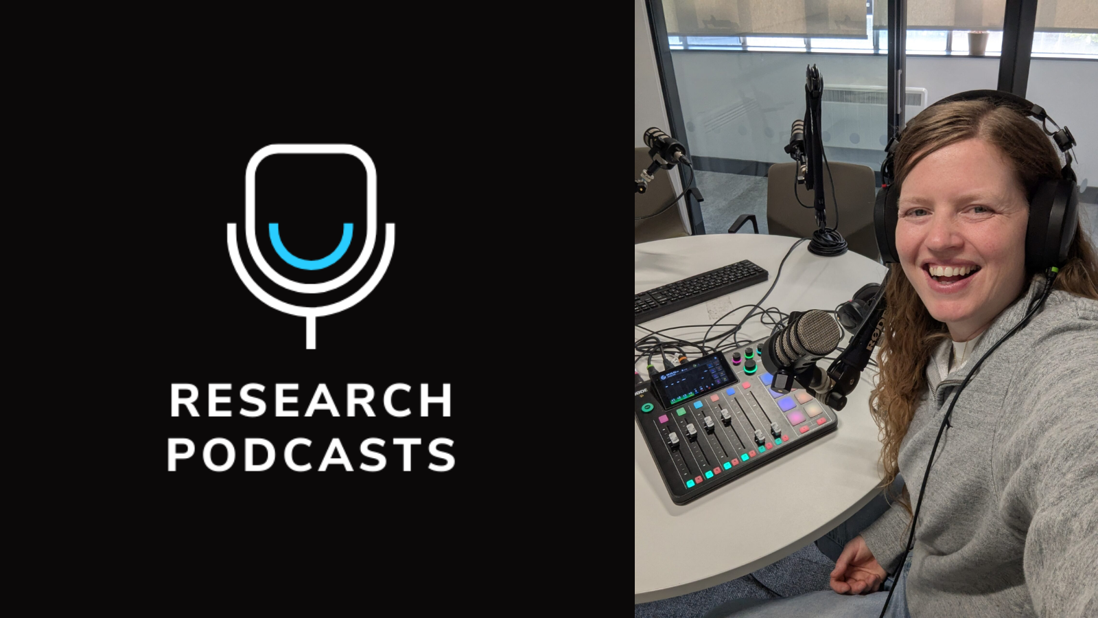 Research Podcasts logo on the left hand side - white microphone with blue smile. On the right hand side there is a photo of Krissie Brighty-Glover in a podcast studio