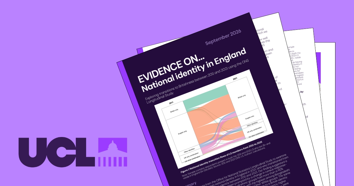 UCL Evidence on blog photo Printed pages of the UCL CELSIUS 'Evidence on... National Identity in England' policy brief—edited and designed by Research Podcasts—showing ONS Longitudinal Study data charts on a bright purple background with the UCL branding