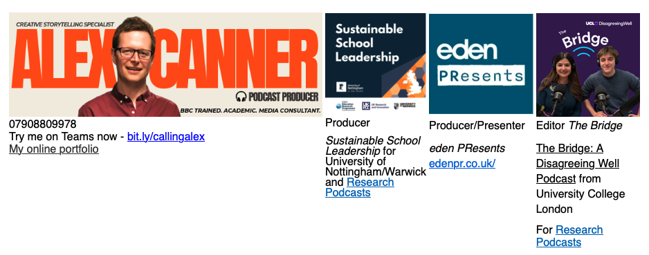 Screenshot 2026-09-07 at 10.25.11 lex Canner portfolio banner highlighting audio services to promote your podcast, featuring podcast artwork for Sustainable School Leadership, Eden Presents, and UCL's The Bridge.